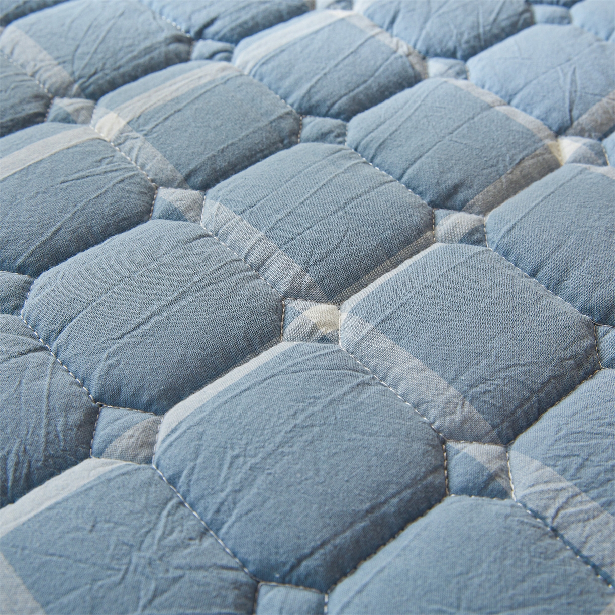 91家纺网 家纺一手货源 找家纺 恒爱家纺 2025新款全棉印花格子床垫 蓝灰中格