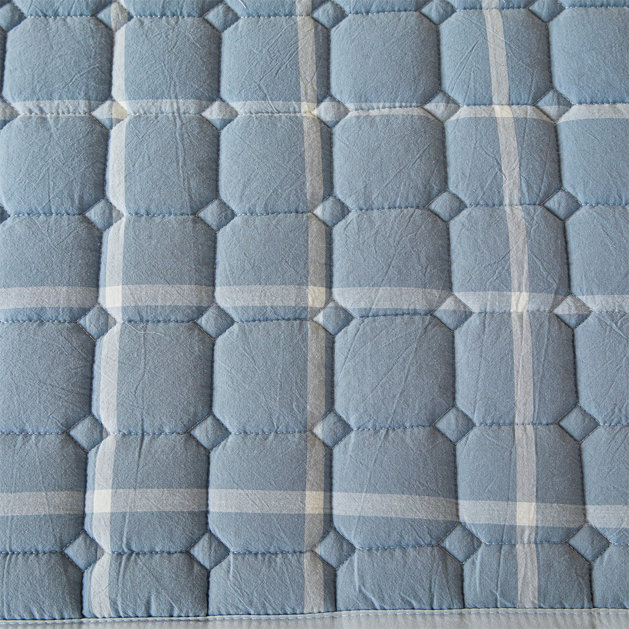 91家纺网 家纺一手货源 找家纺 恒爱家纺 2025新款全棉印花格子床垫 蓝灰中格