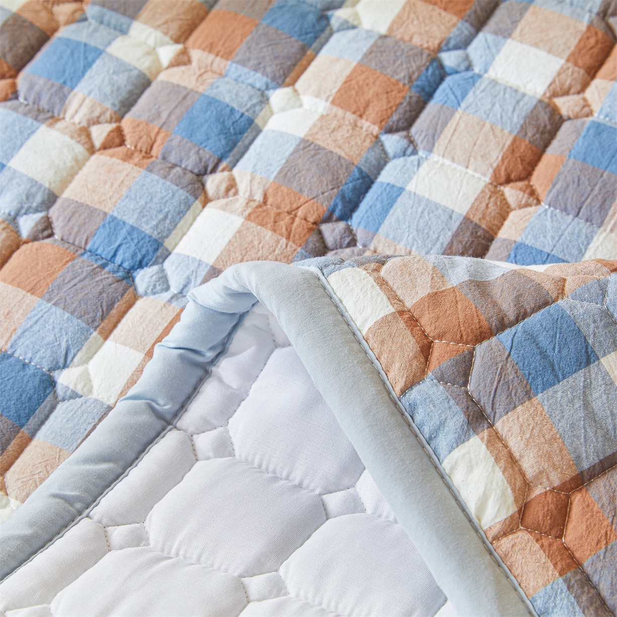 91家纺网 家纺一手货源 找家纺 恒爱家纺 2025新款全棉印花格子床垫 蓝咖格