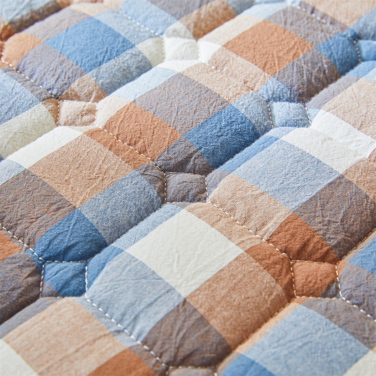 91家纺网 家纺一手货源 找家纺 恒爱家纺 2025新款全棉印花格子床垫 蓝咖格