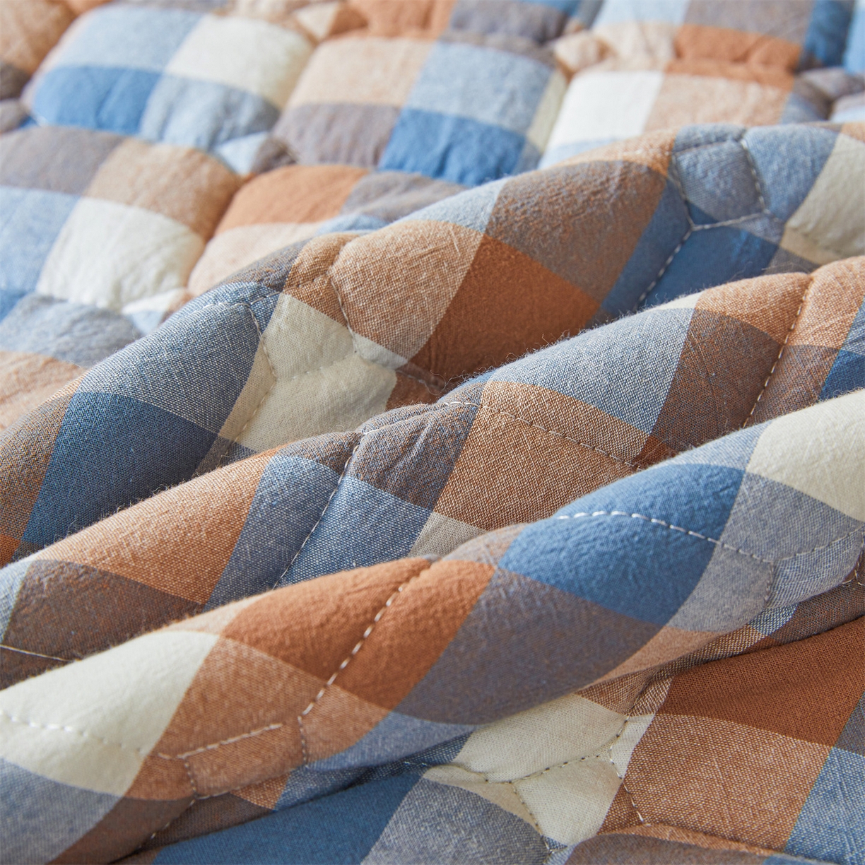 91家纺网 家纺一手货源 找家纺 恒爱家纺 2025新款全棉印花格子床垫 蓝咖格