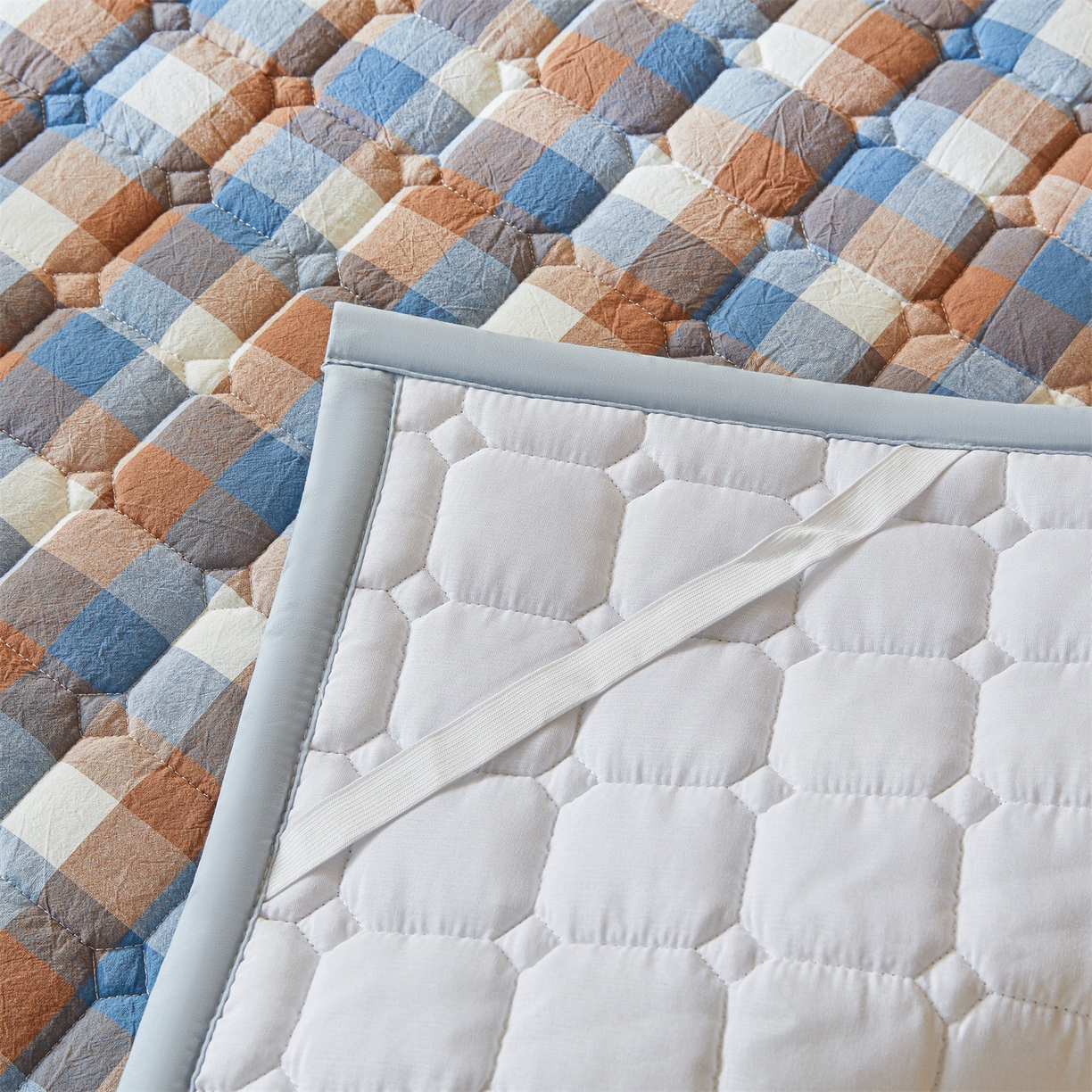 91家纺网 家纺一手货源 找家纺 恒爱家纺 2025新款全棉印花格子床垫 蓝咖格