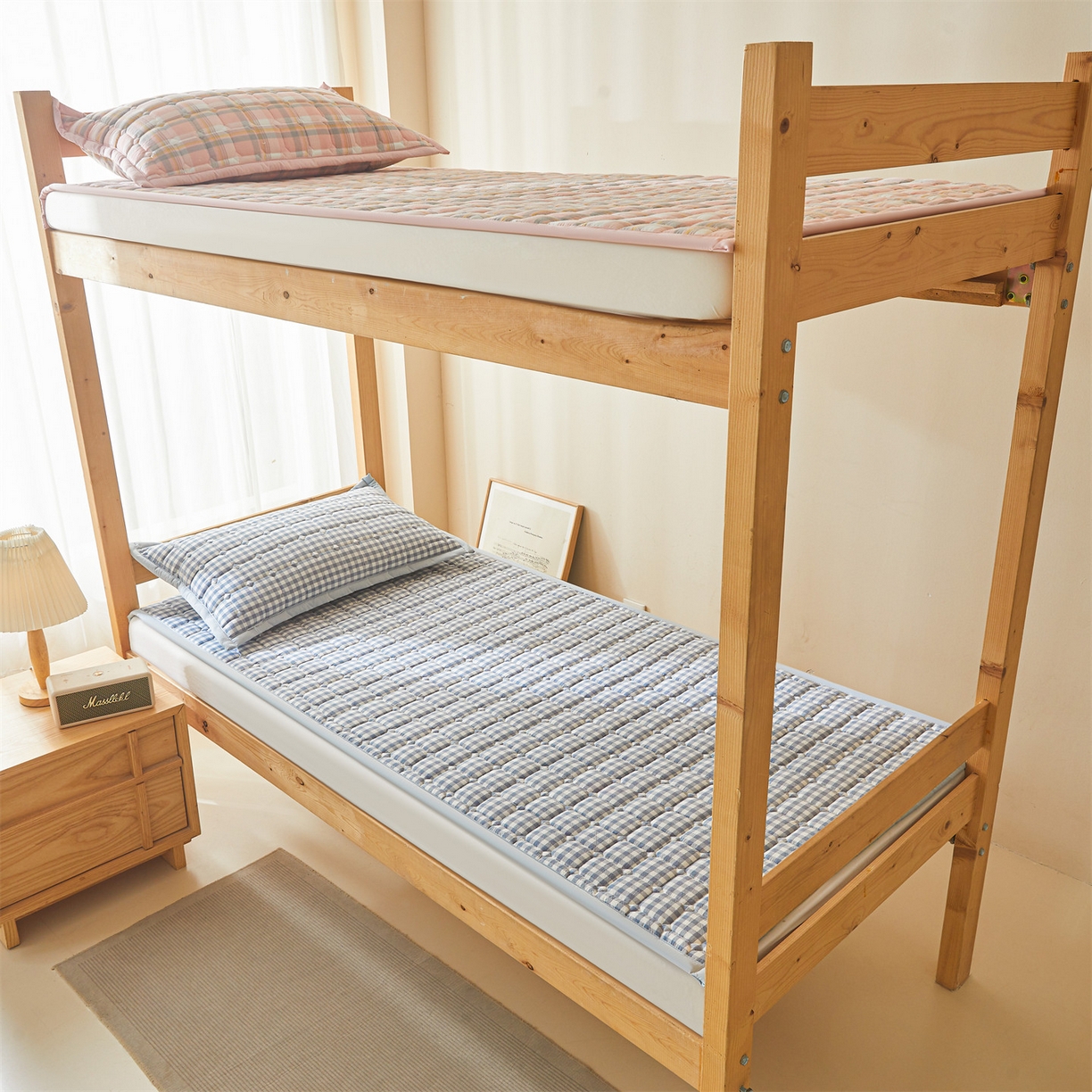 91家纺网 家纺一手货源 找家纺 恒爱家纺 2025新款全棉印花格子床垫 蓝小格