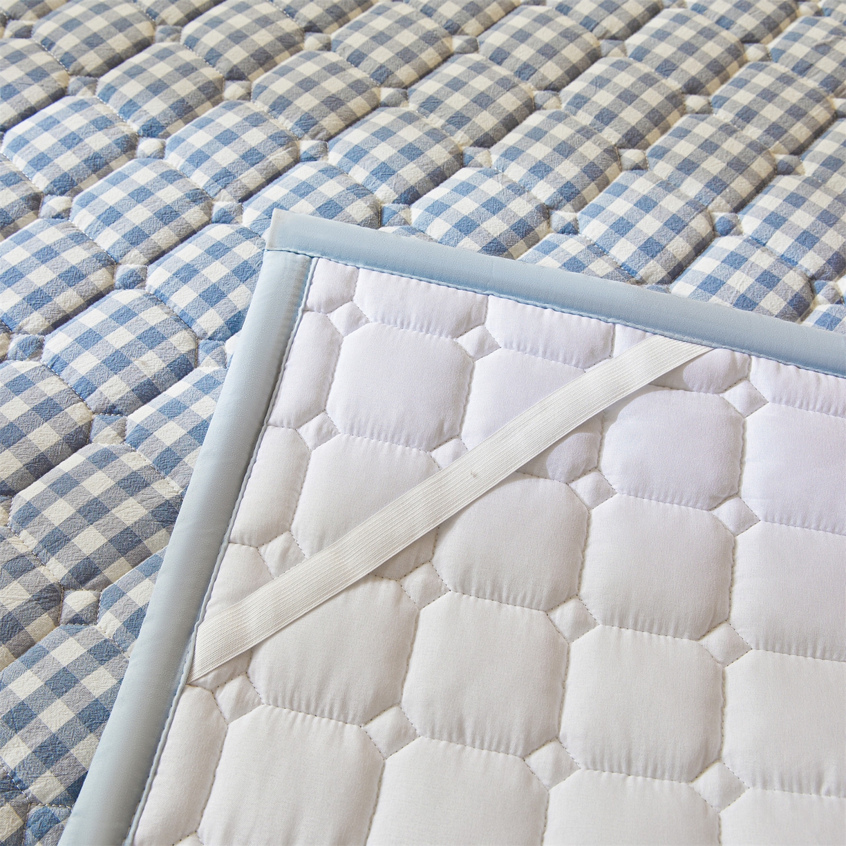 91家纺网 家纺一手货源 找家纺 恒爱家纺 2025新款全棉印花格子床垫 蓝小格