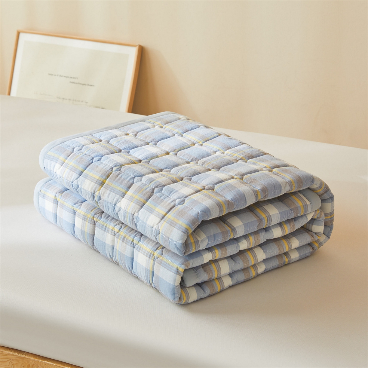 91家纺网 家纺一手货源 找家纺 恒爱家纺 2025新款全棉印花格子床垫 莫尼-蓝