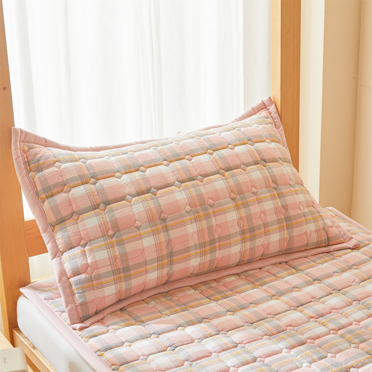 91家纺网 家纺一手货源 找家纺 恒爱家纺 2025新款全棉印花格子床垫 莫尼-玉