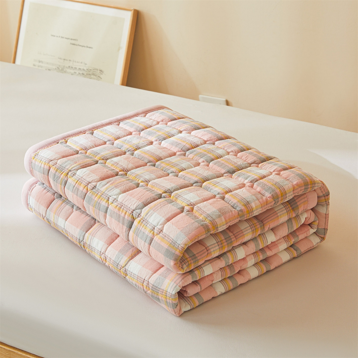 91家纺网 家纺一手货源 找家纺 恒爱家纺 2025新款全棉印花格子床垫 莫尼-玉