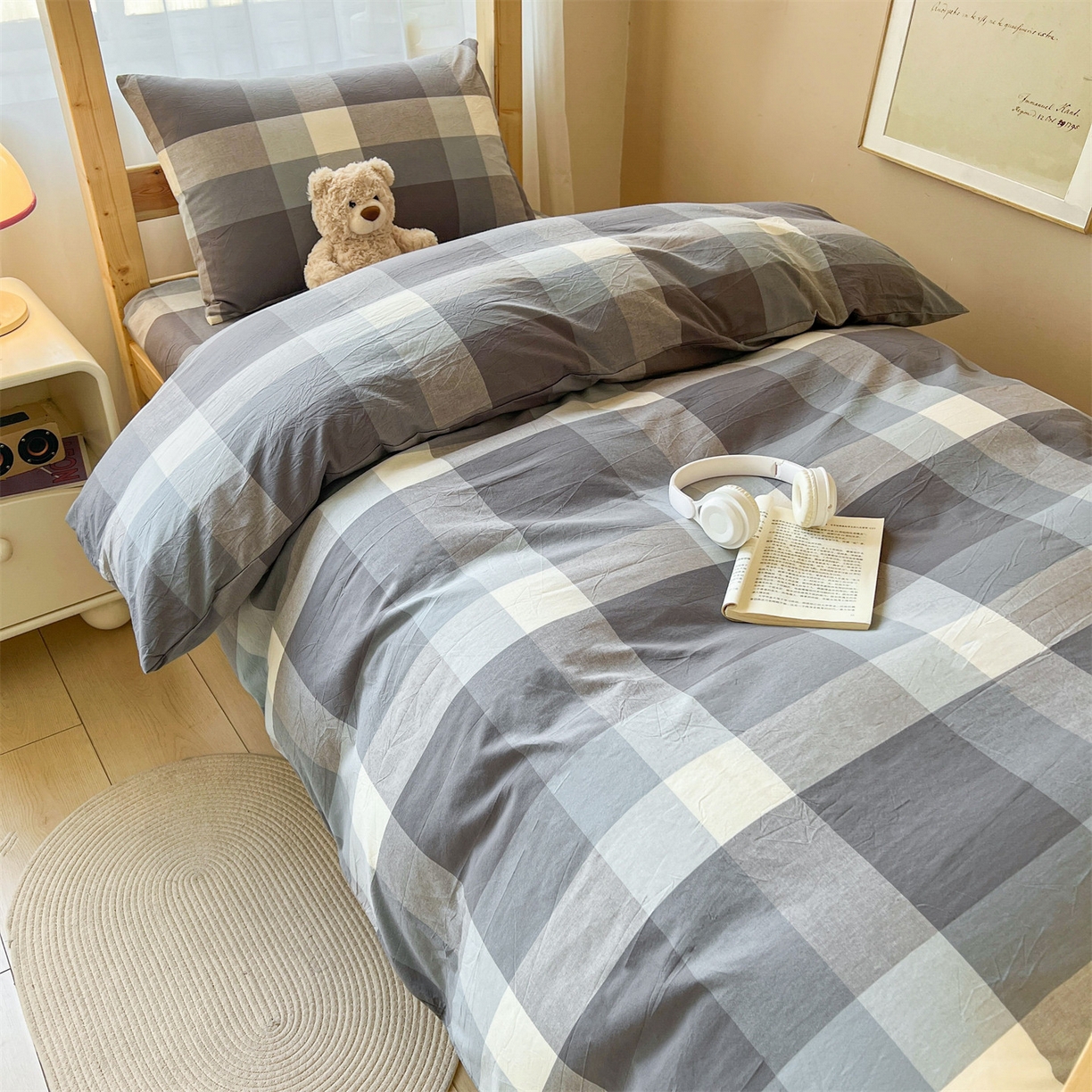 （总）恒爱家纺 2025新款学生季全棉印花格子三件套