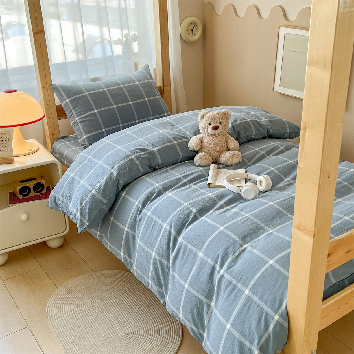 恒爱家纺 2025新款学生季全棉印花格子三件套 蓝灰中格