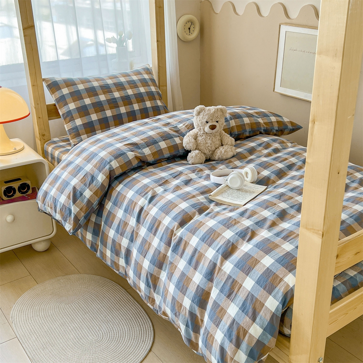 恒爱家纺 2025新款学生季全棉印花格子三件套 蓝咖格