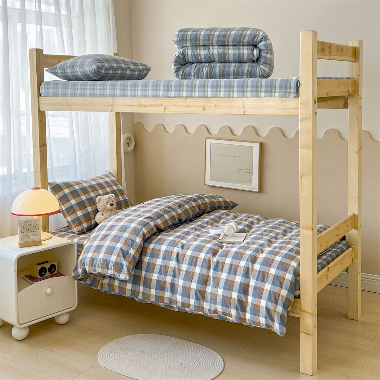 91家纺网 家纺一手货源 找家纺 恒爱家纺 2025新款学生季全棉印花格子三件套 蓝咖格