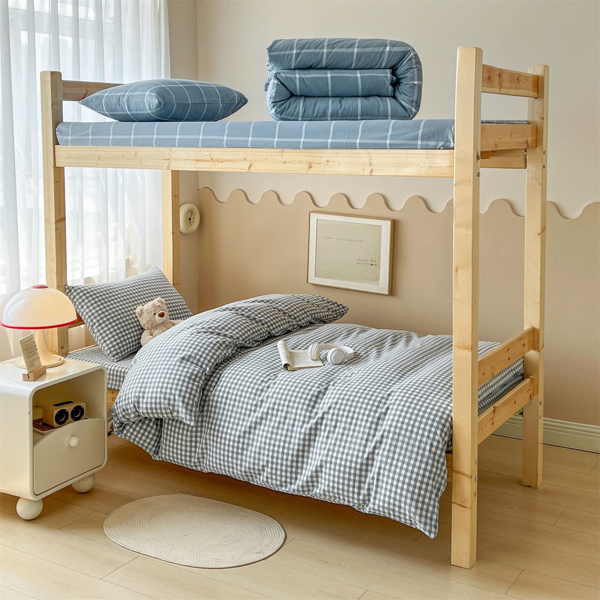 91家纺网 家纺一手货源 找家纺 恒爱家纺 2025新款学生季全棉印花格子三件套 蓝小格