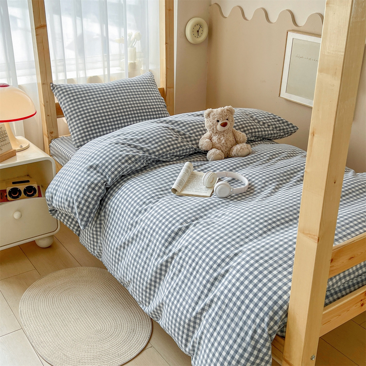 恒爱家纺 2025新款学生季全棉印花格子三件套 蓝小格