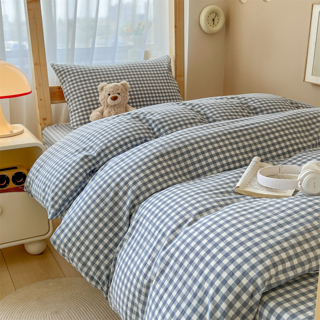 91家纺网 家纺一手货源 找家纺 恒爱家纺 2025新款学生季全棉印花格子三件套 蓝小格