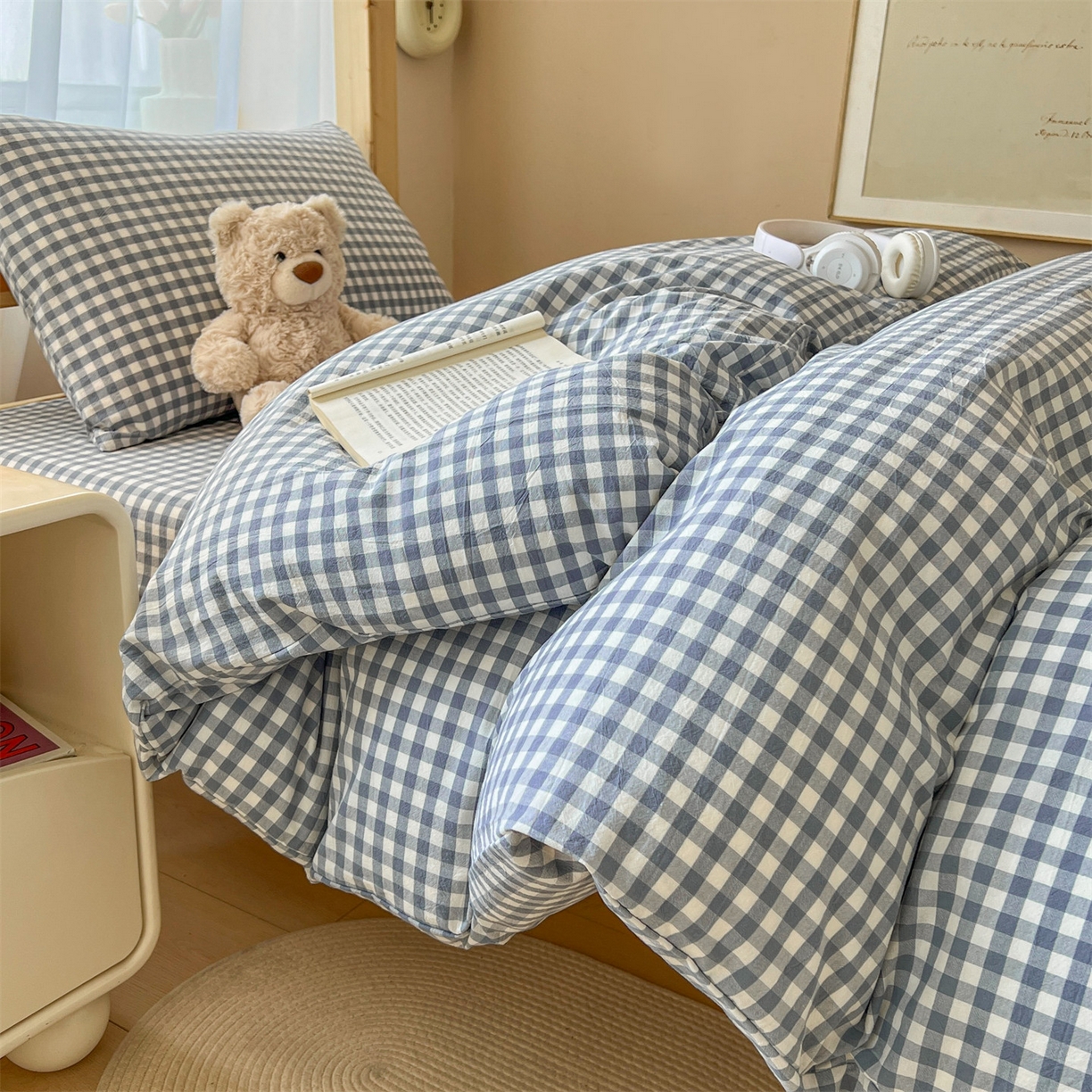 91家纺网 家纺一手货源 找家纺 恒爱家纺 2025新款学生季全棉印花格子三件套 蓝小格