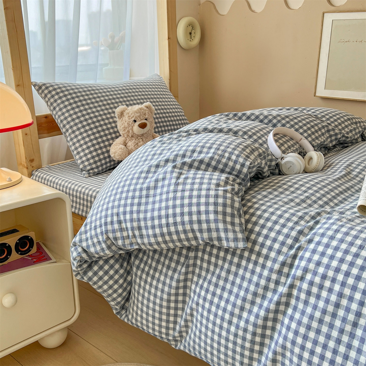 91家纺网 家纺一手货源 找家纺 恒爱家纺 2025新款学生季全棉印花格子三件套 蓝小格