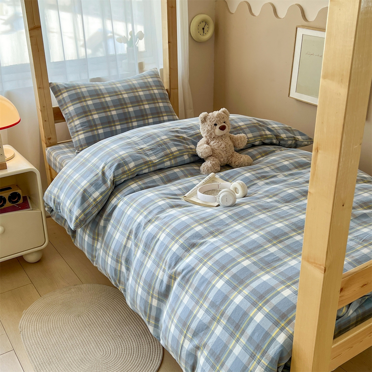 恒爱家纺 2025新款学生季全棉印花格子三件套 莫尼-蓝