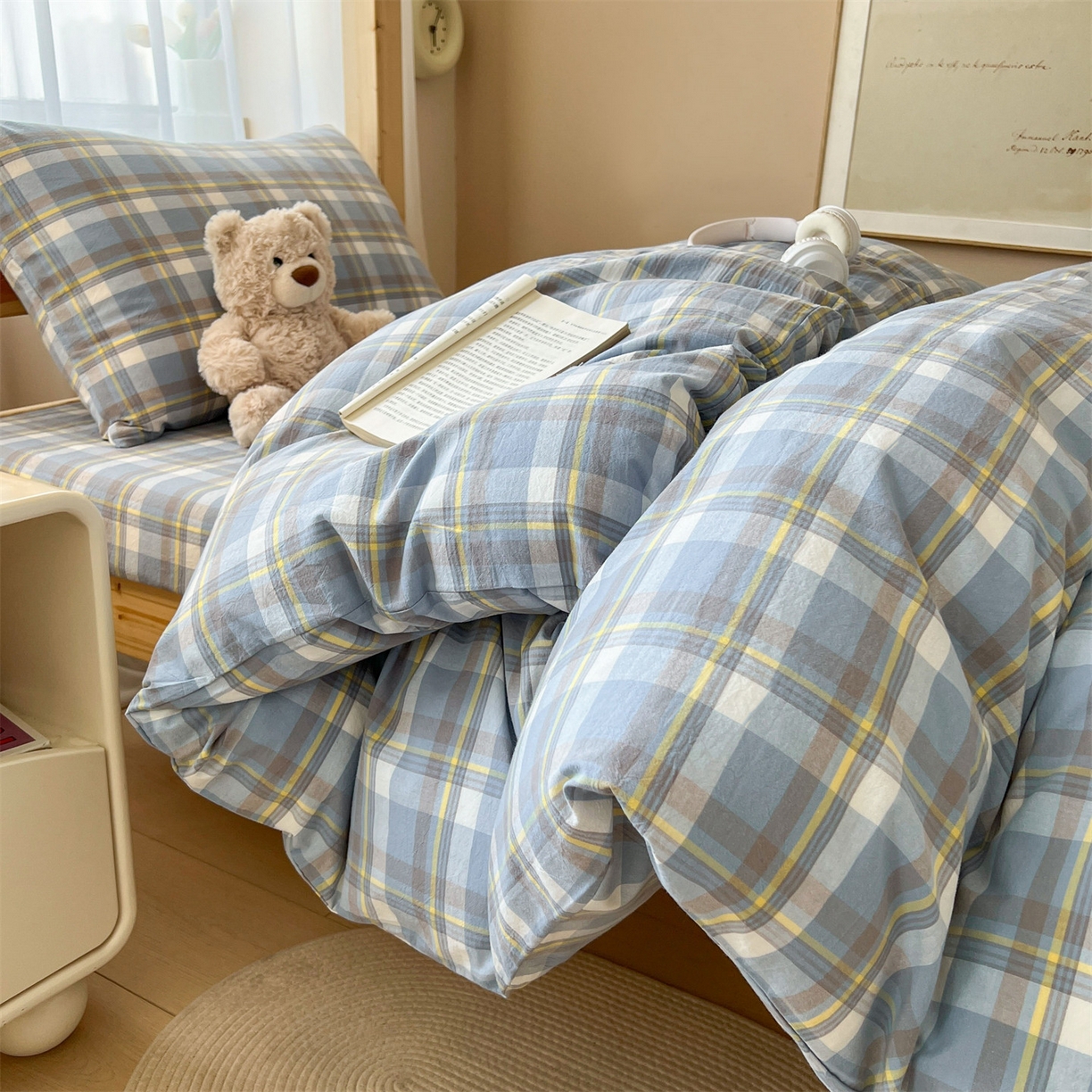 91家纺网 家纺一手货源 找家纺 恒爱家纺 2025新款学生季全棉印花格子三件套 莫尼-蓝