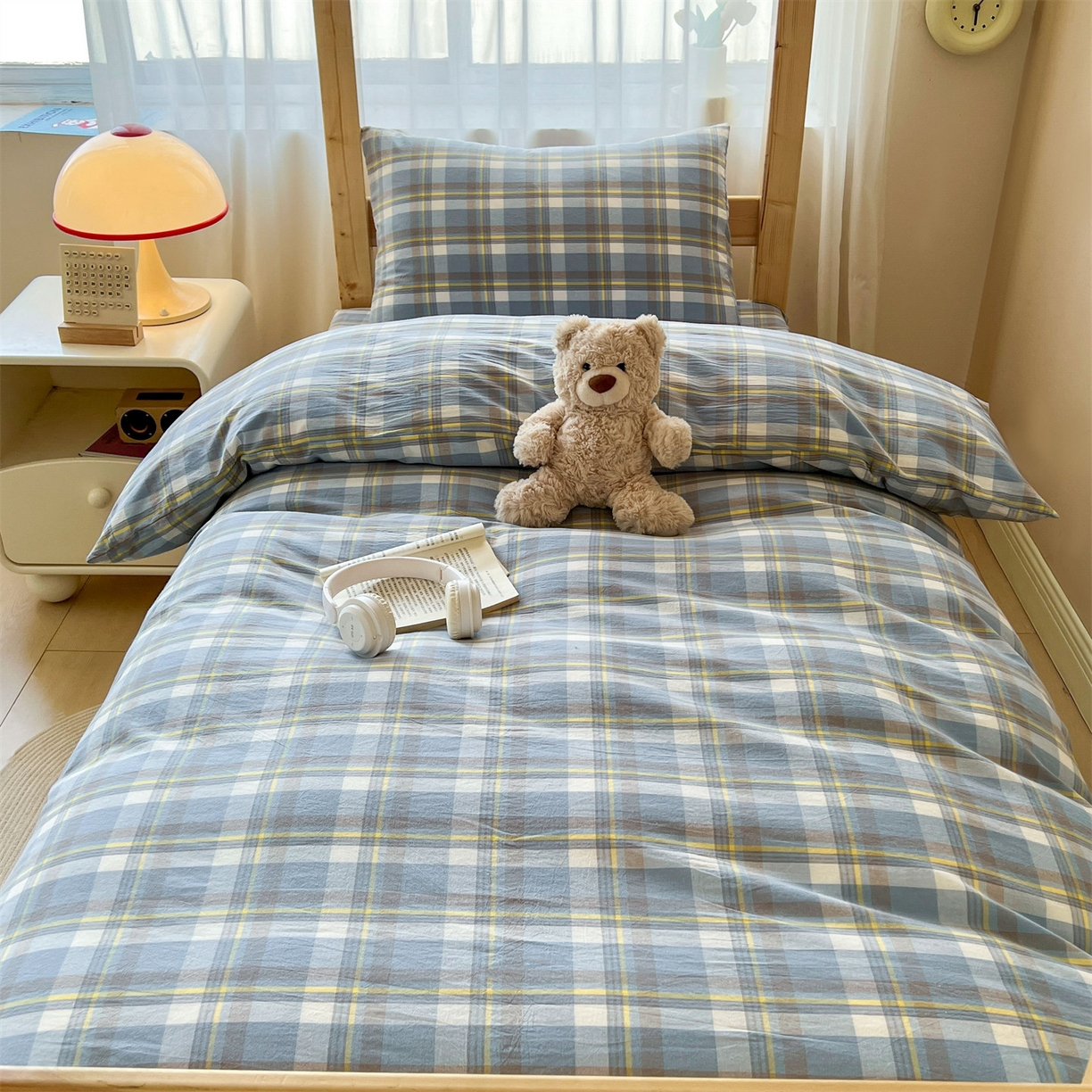 91家纺网 家纺一手货源 找家纺 恒爱家纺 2025新款学生季全棉印花格子三件套 莫尼-蓝