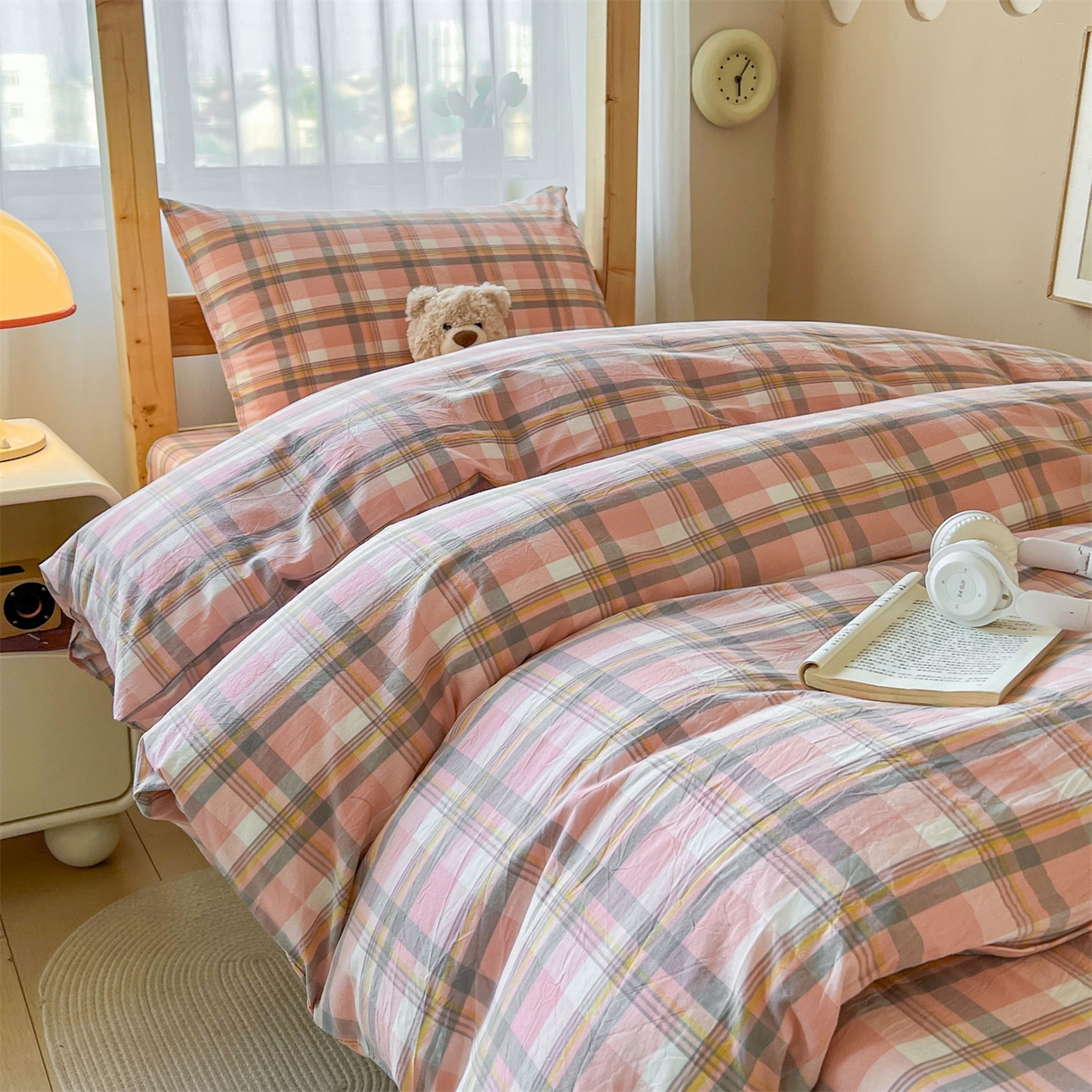 91家纺网 家纺一手货源 找家纺 恒爱家纺 2025新款学生季全棉印花格子三件套 莫尼-玉