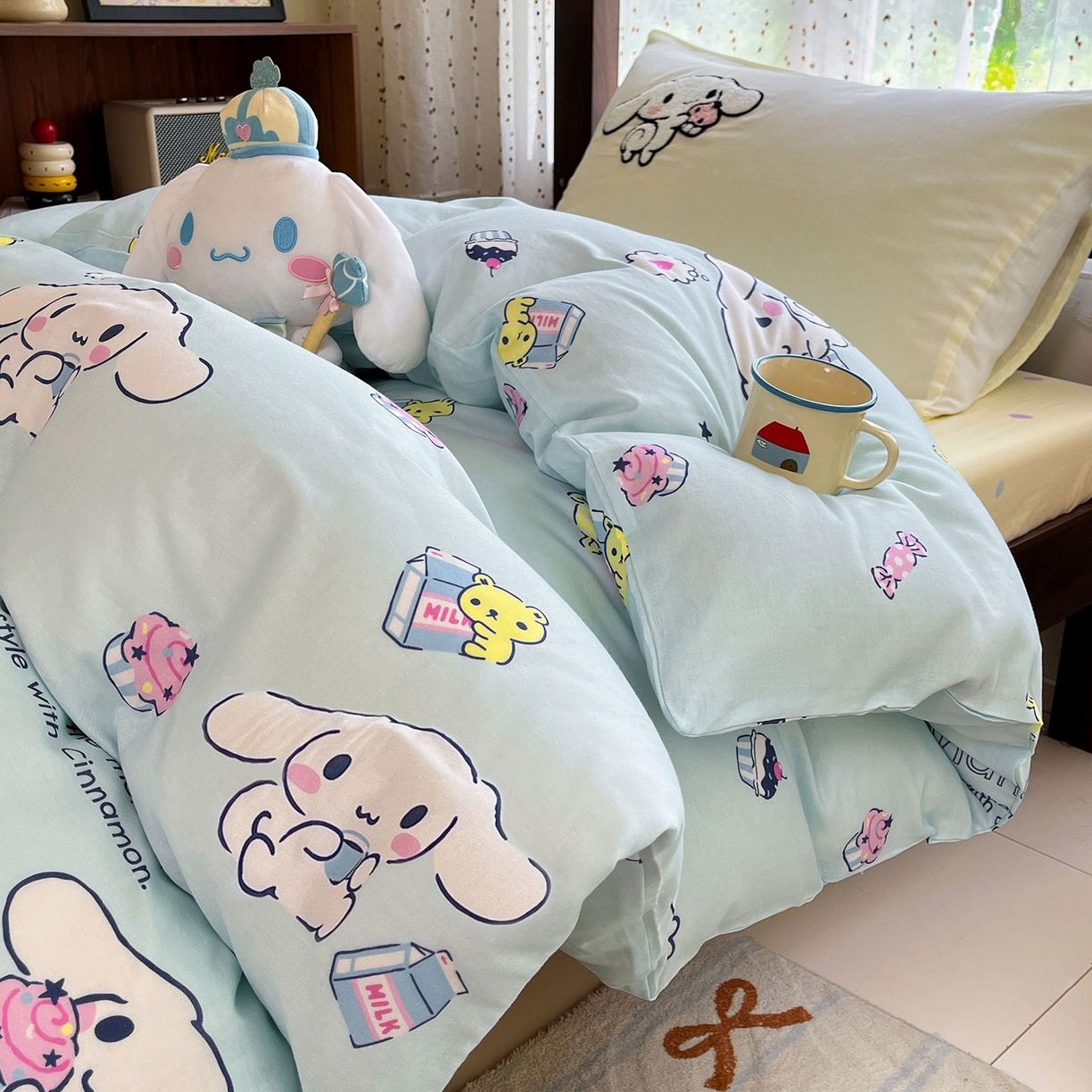 91家纺网 家纺一手货源 找家纺 （总）蓝邻家纺 2025年新款全棉纯棉双层纱三丽鸥刺绣学生宿舍三件套四件套系列