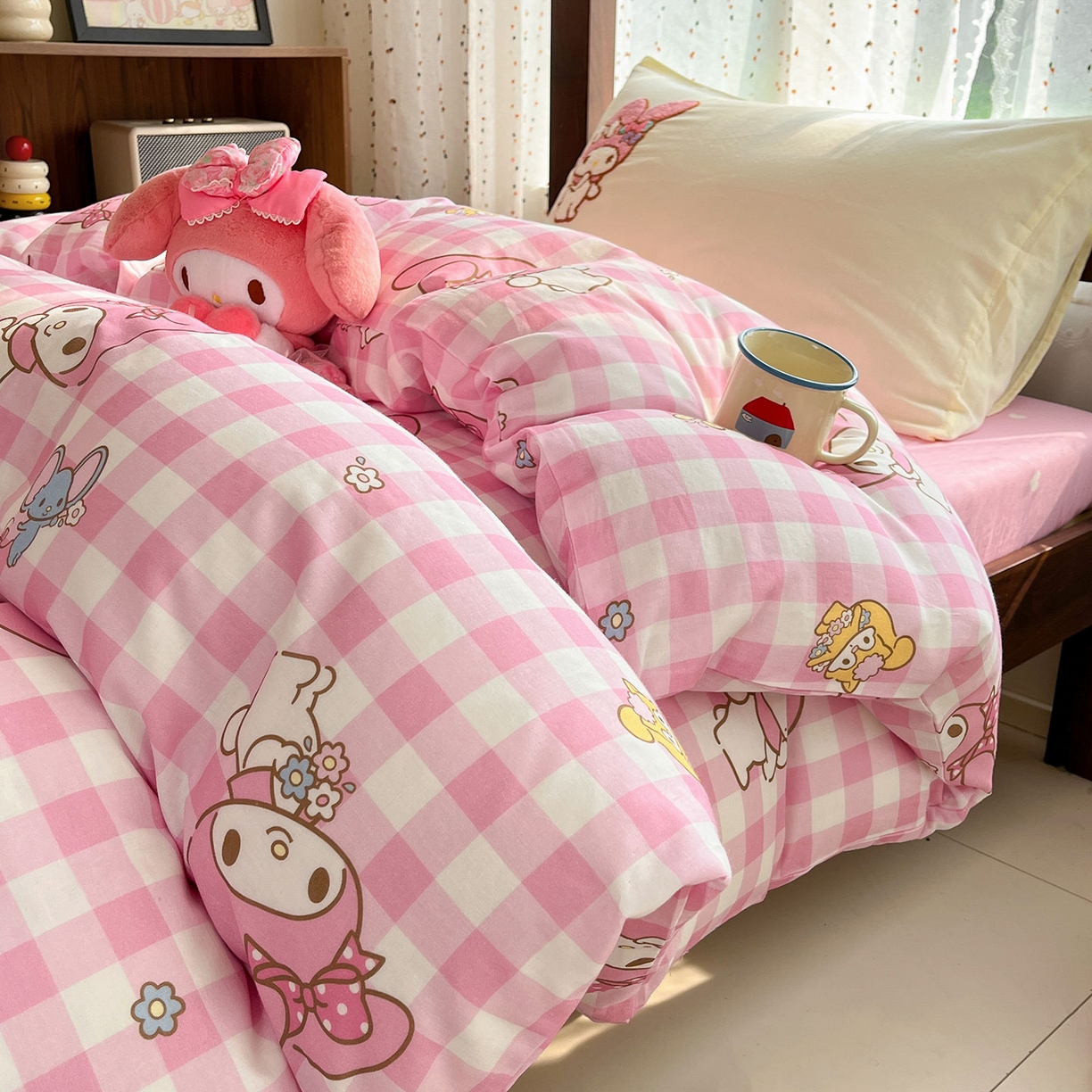 蓝邻家纺 2025年新款全棉纯棉双层纱三丽鸥刺绣学生宿舍三件套四件套系列 甜美元气