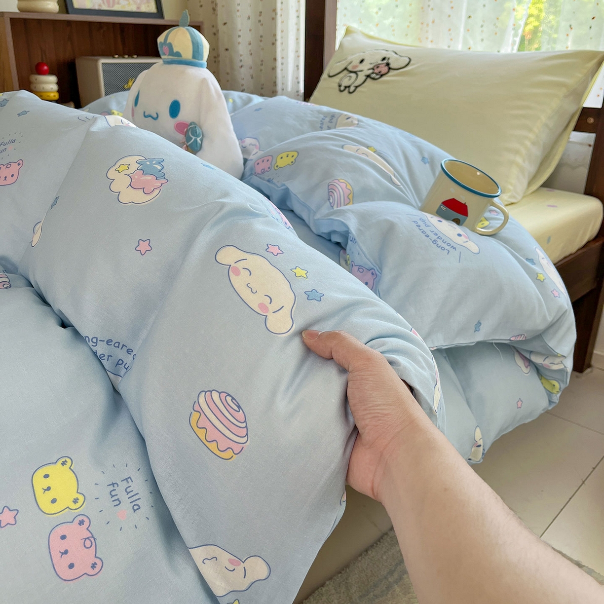 91家纺网 家纺一手货源 找家纺 （总）蓝邻家纺 2025年新款全棉纯棉双层纱三丽鸥刺绣学生宿舍三件套四件套系列