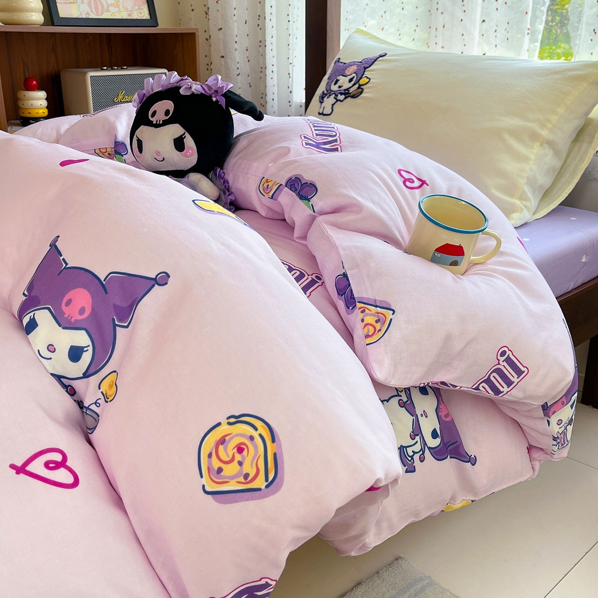 91家纺网 家纺一手货源 找家纺 蓝邻家纺 2025年新款全棉纯棉双层纱三丽鸥刺绣学生宿舍三件套四件套系列 精灵库洛米