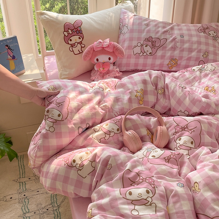 蓝邻家纺 2025年新款全棉纯棉双层纱三丽鸥刺绣四件套系列 甜美元气