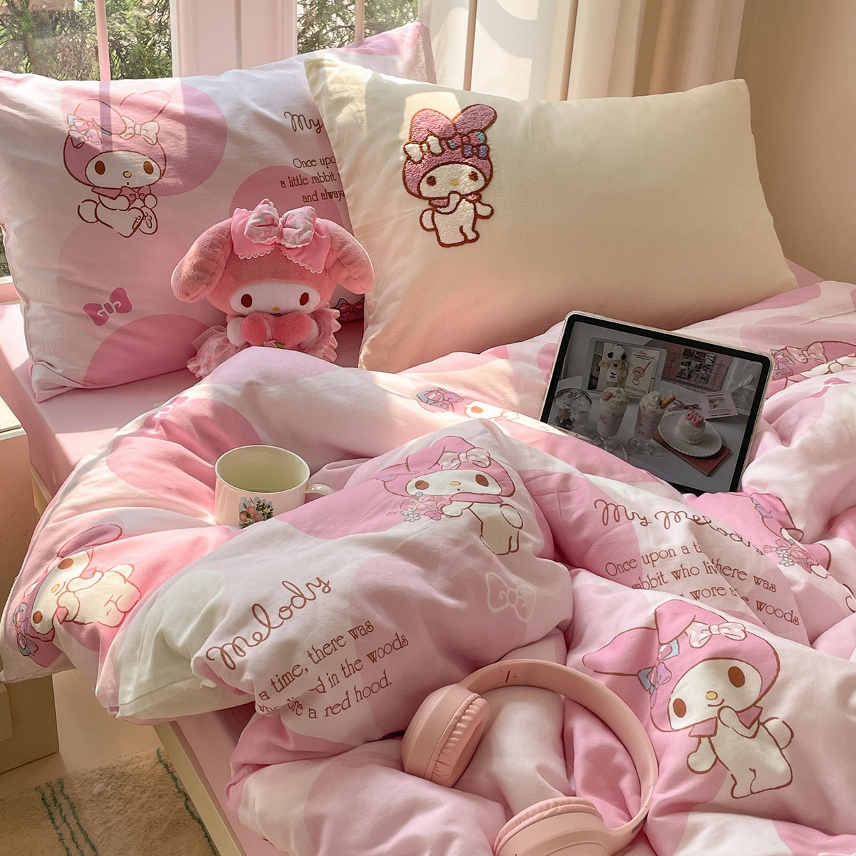 91家纺网 家纺一手货源 找家纺 （总）蓝邻家纺 2025年新款全棉纯棉双层纱三丽鸥刺绣四件套系列