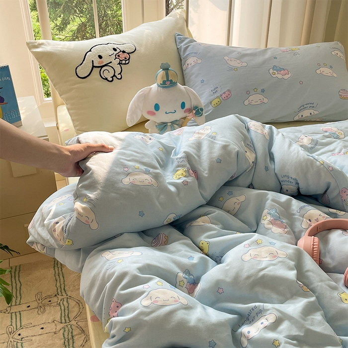 蓝邻家纺 2025年新款全棉纯棉双层纱三丽鸥刺绣四件套系列 呆萌大耳狗