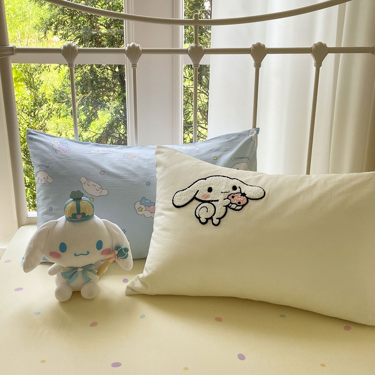 91家纺网 家纺一手货源 找家纺 蓝邻家纺 2025年新款全棉纯棉双层纱三丽鸥刺绣四件套系列 呆萌大耳狗