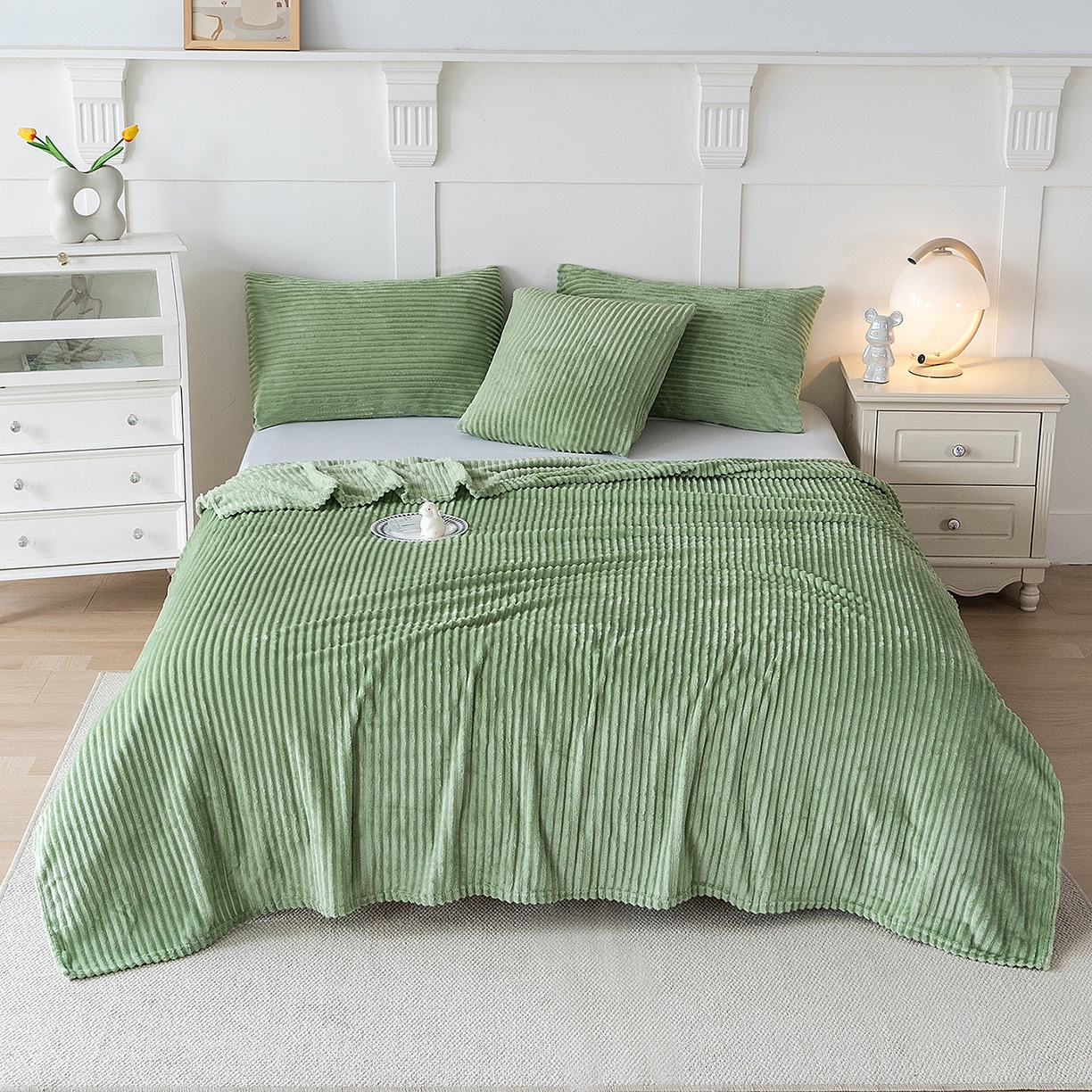 楼兰公主 2025新款小抽条纯色双面绒毛毯 茶绿