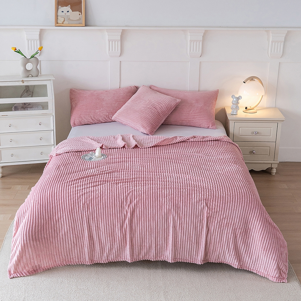 楼兰公主 2025新款小抽条纯色双面绒毛毯 粉红