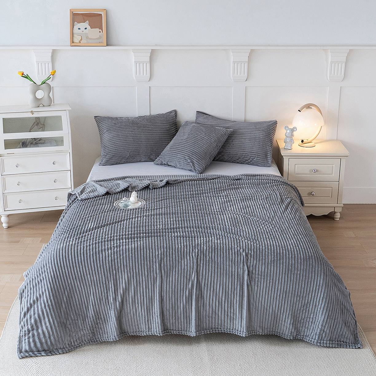 楼兰公主 2025新款小抽条纯色双面绒毛毯 浅灰