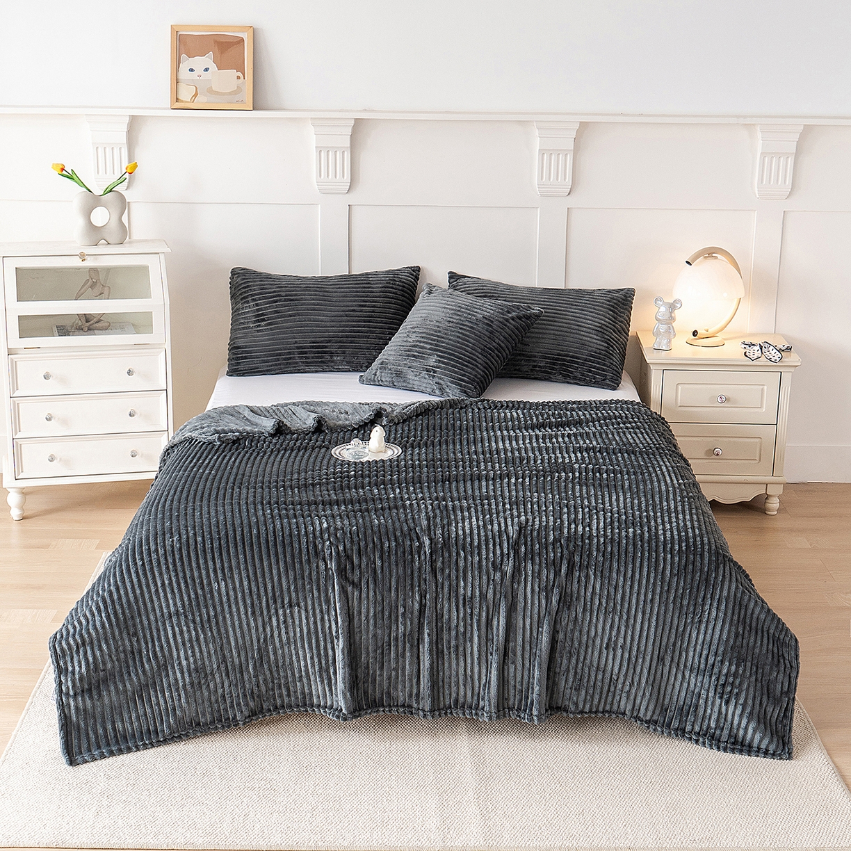 楼兰公主 2025新款小抽条纯色双面绒毛毯 深灰
