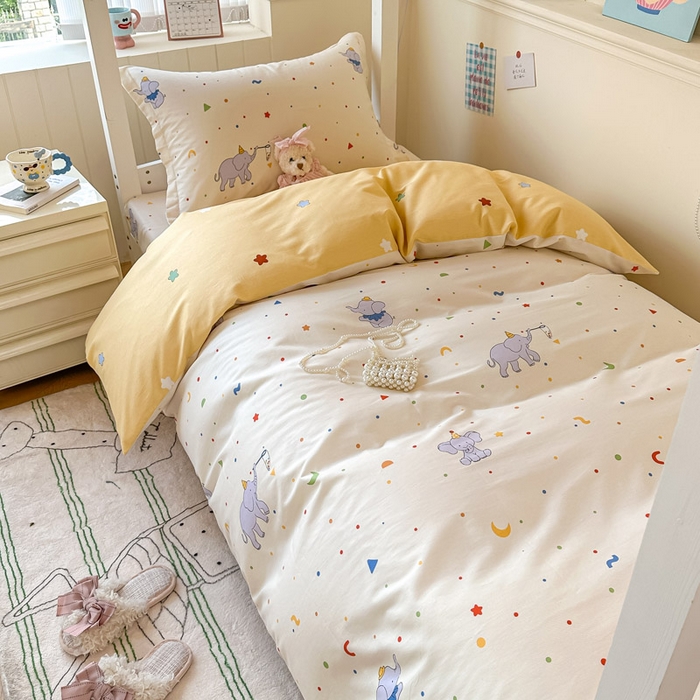 91家纺网 家纺一手货源 找家纺 2025新款学生宿舍全棉三件套 彩点小象