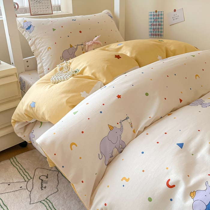 91家纺网 家纺一手货源 找家纺 2025新款学生宿舍全棉三件套 彩点小象