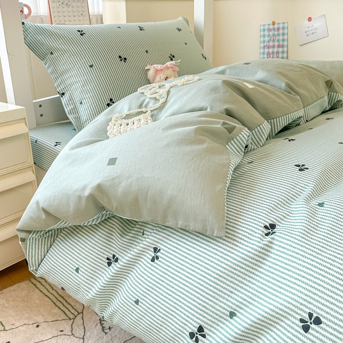 91家纺网 家纺一手货源 找家纺 2025新款学生宿舍全棉三件套 绿底蝴蝶结