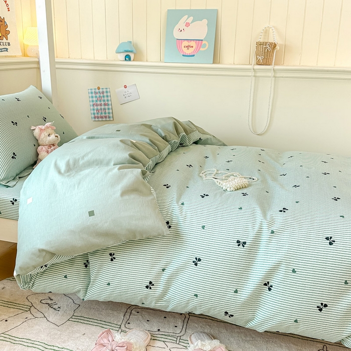 91家纺网 家纺一手货源 找家纺 2025新款学生宿舍全棉三件套 绿底蝴蝶结