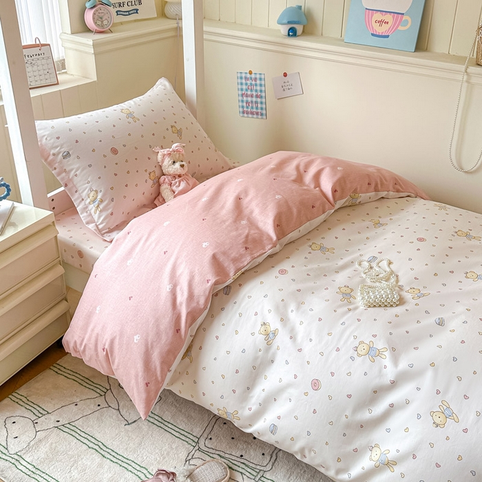 91家纺网 家纺一手货源 找家纺 2025新款学生宿舍全棉三件套 泡泡小熊