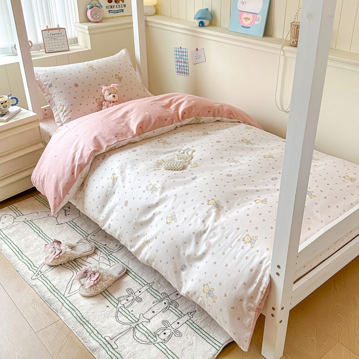 91家纺网 家纺一手货源 找家纺 2025新款学生宿舍全棉三件套 泡泡小熊