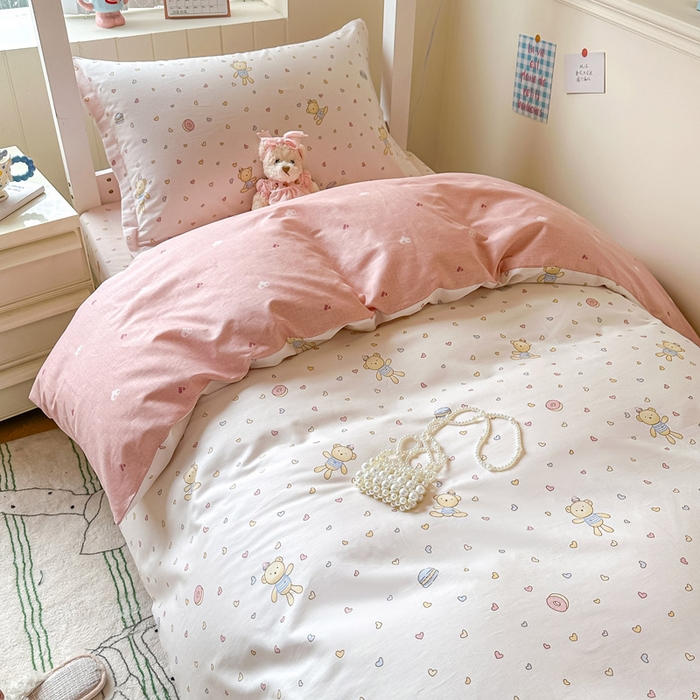 91家纺网 家纺一手货源 找家纺 2025新款学生宿舍全棉三件套 泡泡小熊