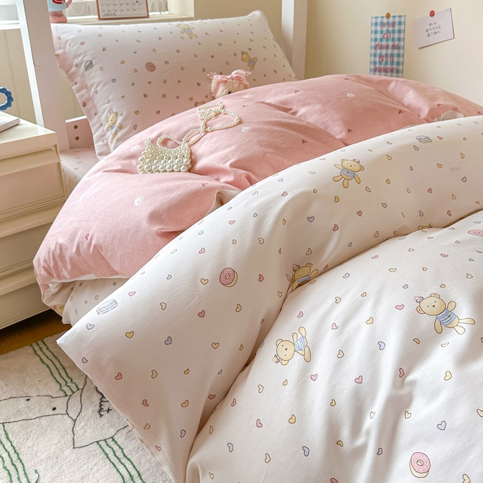 91家纺网 家纺一手货源 找家纺 2025新款学生宿舍全棉三件套 泡泡小熊