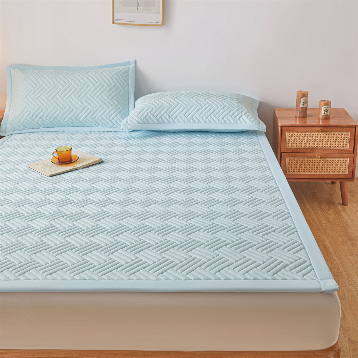 91家纺网 家纺一手货源 找家纺 雯豆家纺 2025新品四季款加厚床褥垫子床垫保护垫四季通用 摩登-淡水蓝