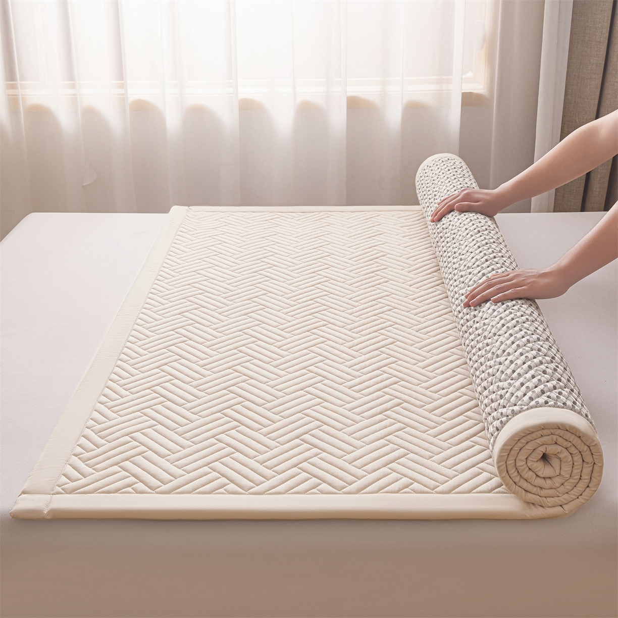 91家纺网 家纺一手货源 找家纺 雯豆家纺 2025新品四季款加厚床褥垫子床垫保护垫四季通用 摩登-奶咖