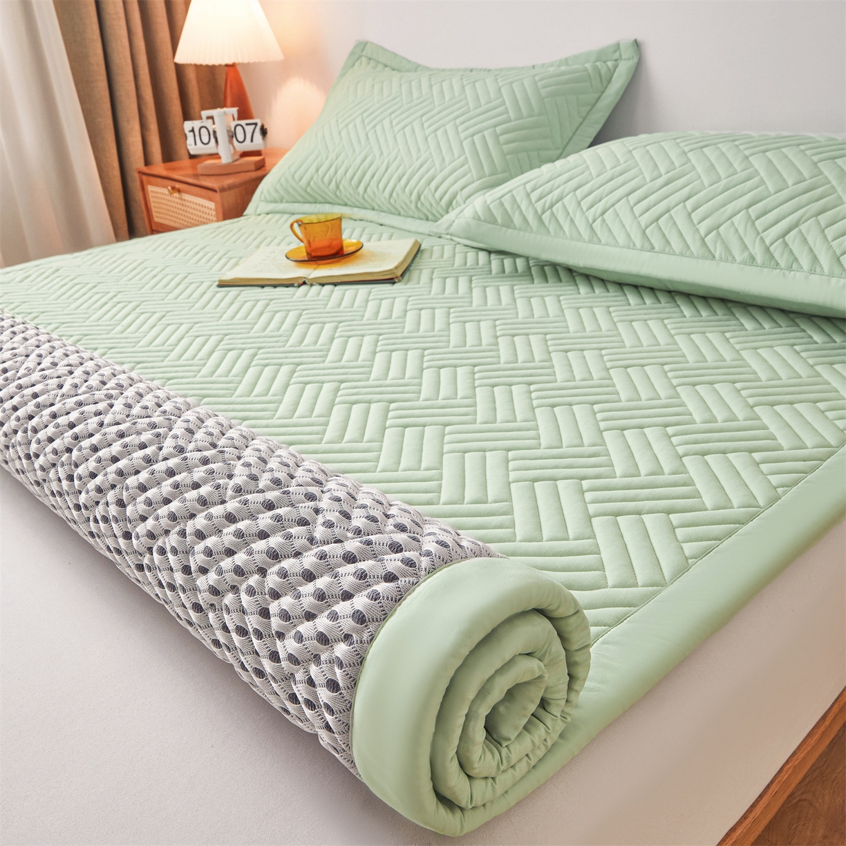 雯豆家纺 2025新品四季款加厚床褥垫子床垫保护垫四季通用 摩登-清雅绿