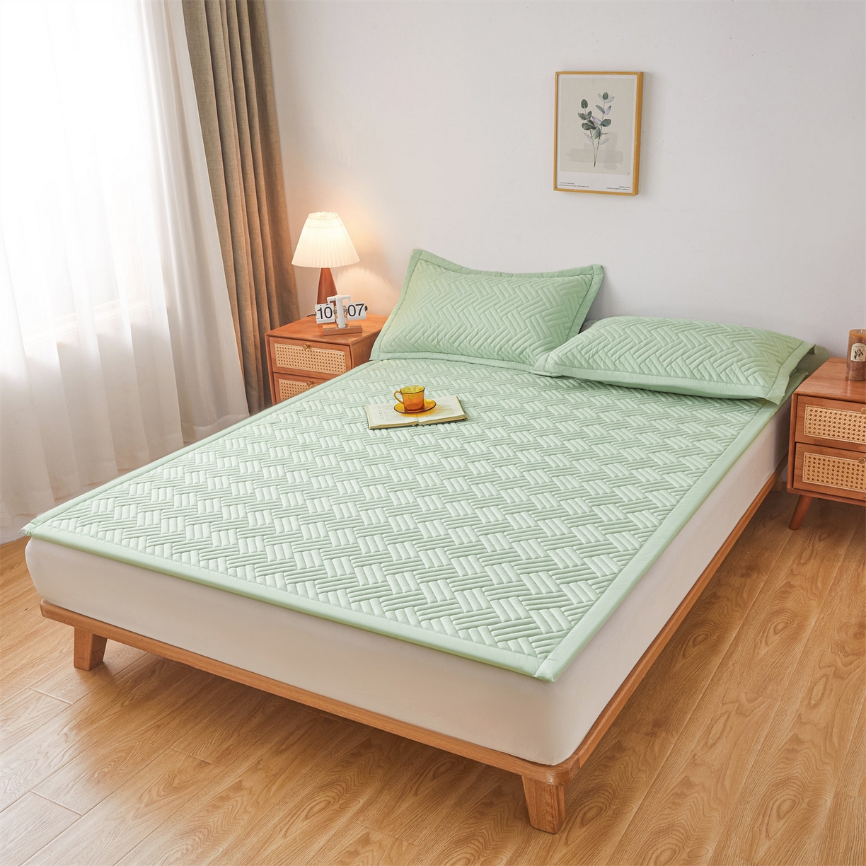 91家纺网 家纺一手货源 找家纺 雯豆家纺 2025新品四季款加厚床褥垫子床垫保护垫四季通用 摩登-清雅绿