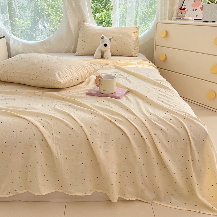 91家纺网 家纺一手货源 找家纺 彩韵家纺 2025新款印花木m双层纱床单系列 木m双层纱-奶油波点