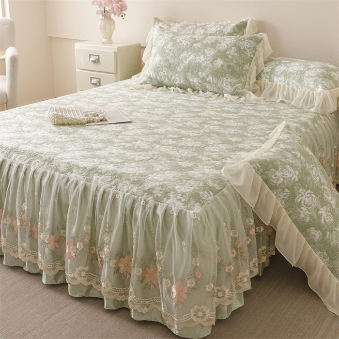 91家纺网 家纺一手货源 找家纺 好儿喜家纺 2025新款海洋丝凉感豆豆床裙凉席-巴黎玫瑰 巴黎玫瑰绿